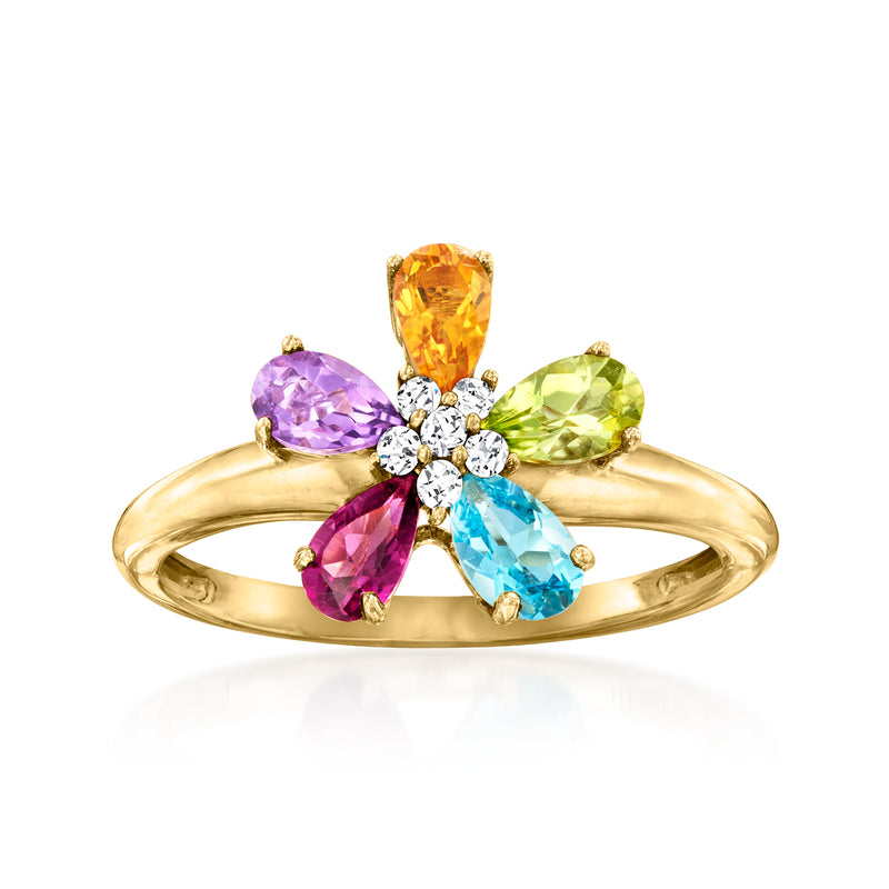 10kt yellow gold flower ring with multicolor gemstones and small diamond center