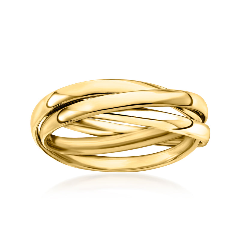 14kt yellow gold rolling ring, polished twisted ribbon band