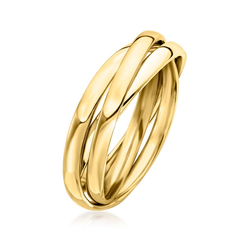 Polished yellow gold rolling ring, twisted ribbon band, smooth profile