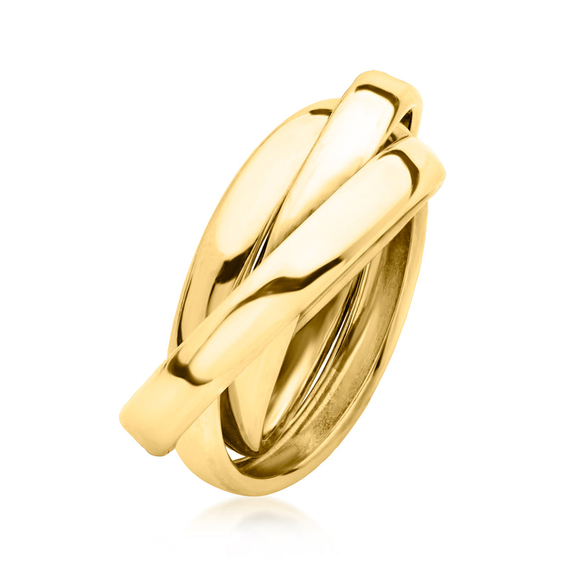 Polished 14kt yellow gold rolling ring with sculpted loop design and open center