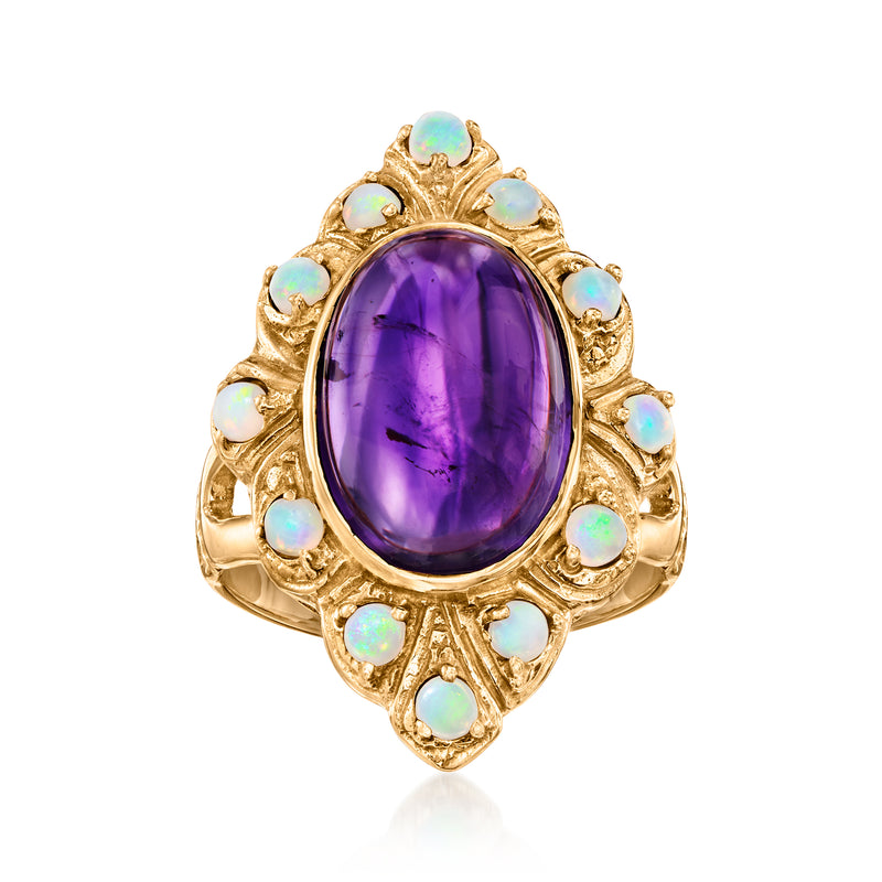 Vintage amethyst ring with oval purple gemstone, opal halo, 14kt yellow gold