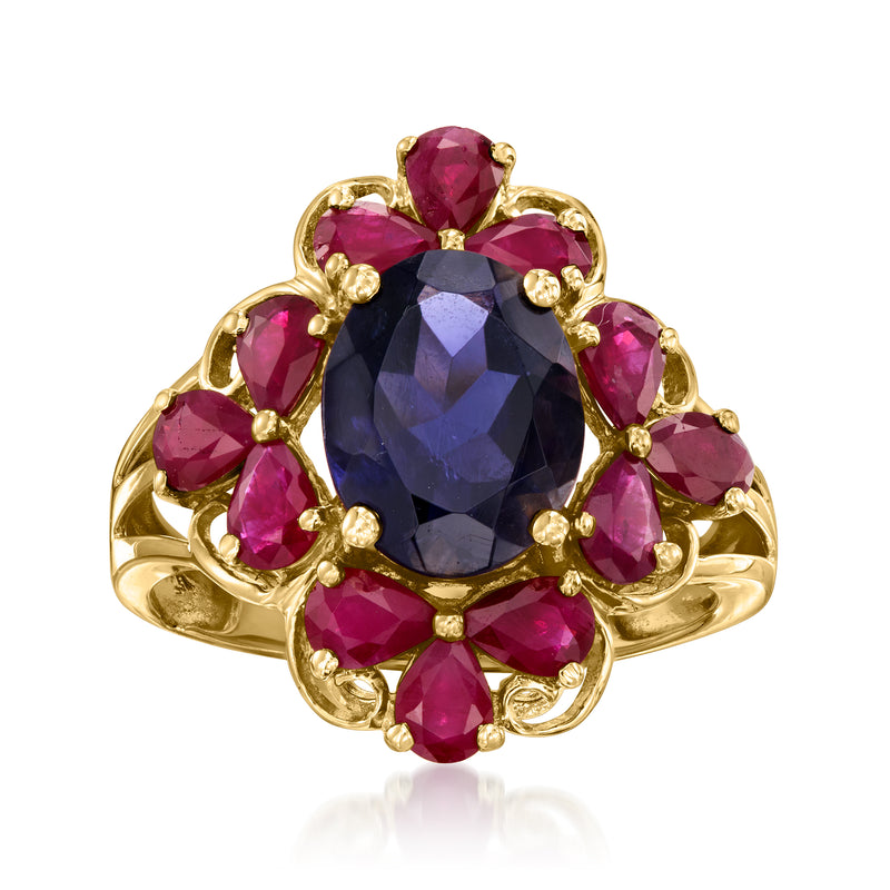 14kt yellow gold vintage ring with blue iolite center and pink ruby marquise stones