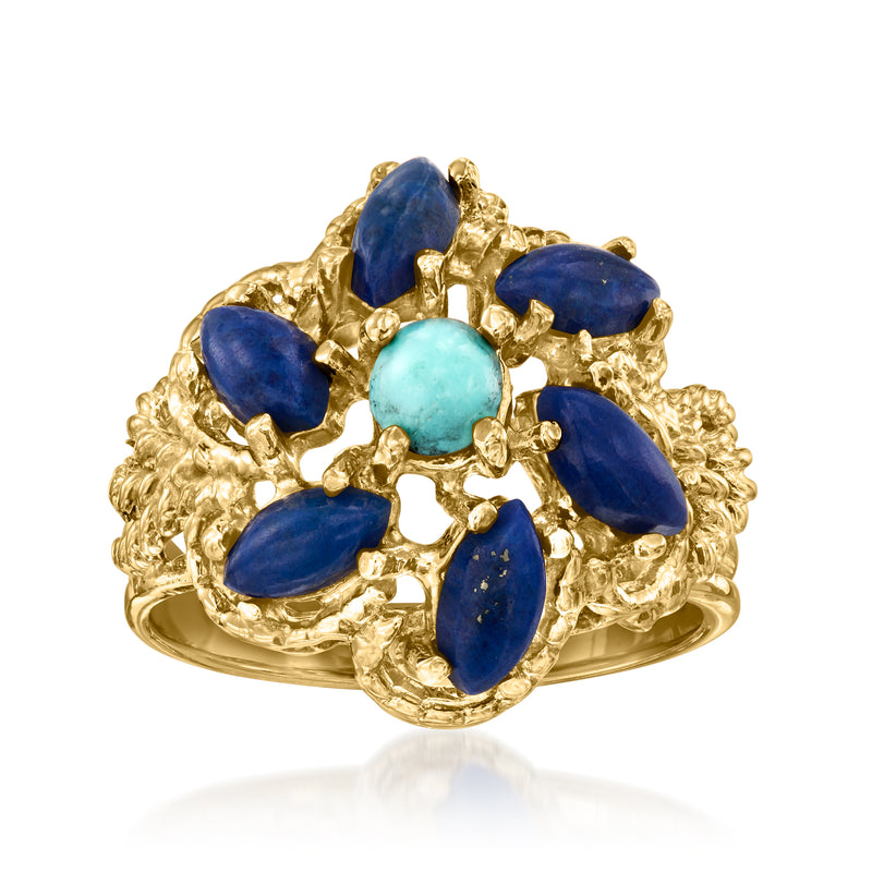 Vintage 14kt yellow gold ring with turquoise and blue lapis-style stone cluster
