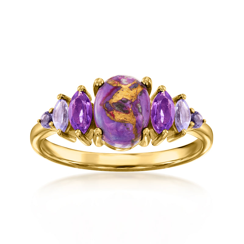 18kt gold over sterling ring with oval purple center and purple side gemstones