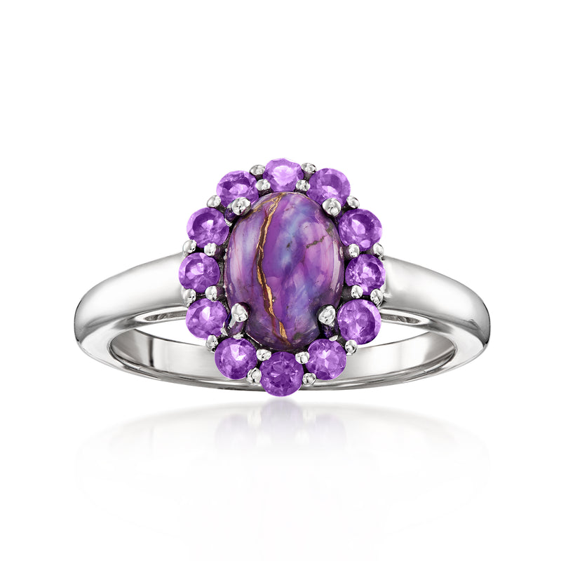 Sterling silver amethyst halo ring with oval purple amethyst and round gemstone accents