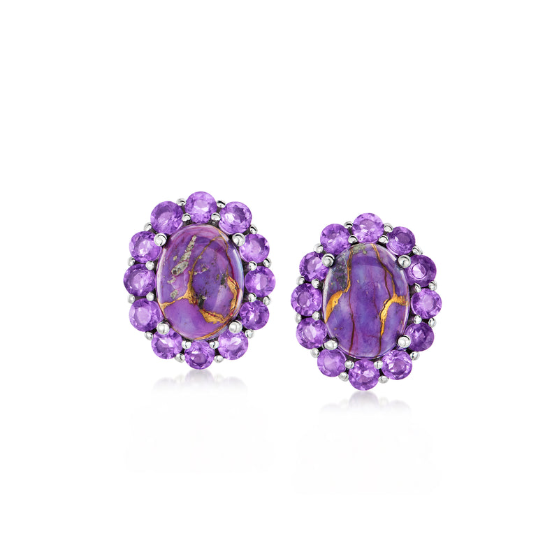 Amethyst halo stud earrings with oval purple center and round gemstone border, sterling silver