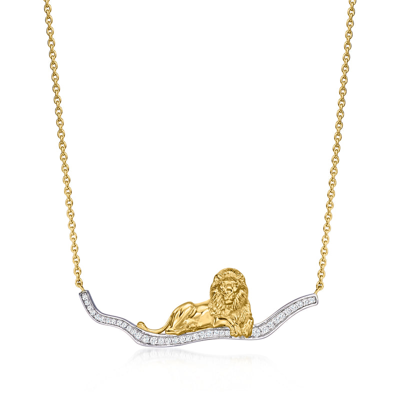 Gold-tone lion necklace with white stone inlays on a curved sterling pendant