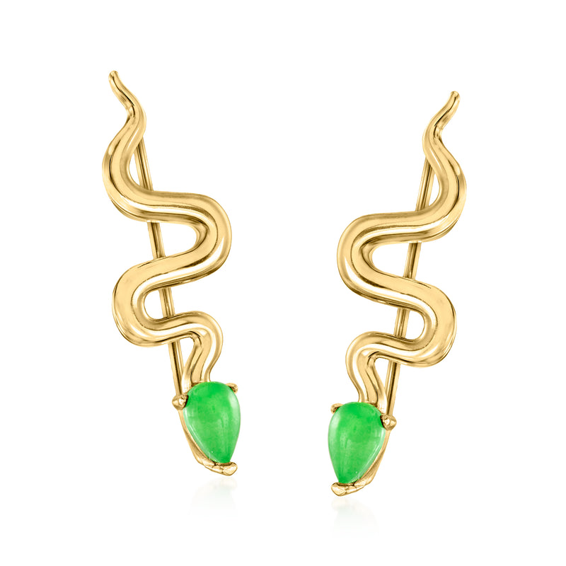 Gold snake ear climber earrings with teardrop green jade drops