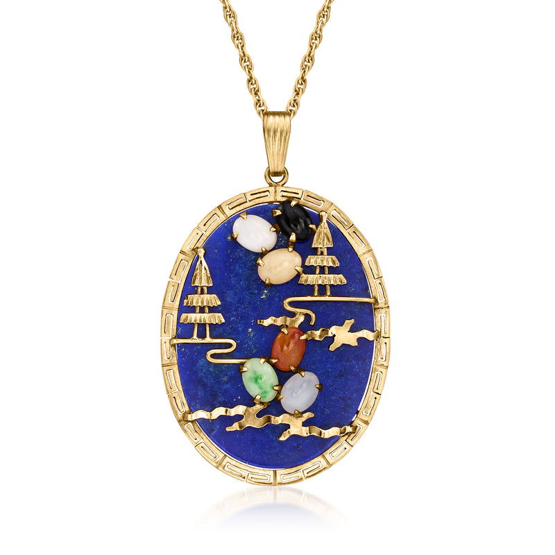 Lapis blue oval pendant with multicolored jade accents, on 14kt gold chain