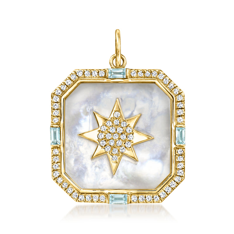 Mother-of-pearl pendant with diamond star and sky blue topaz accents in yellow gold