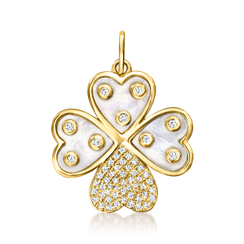 14kt yellow gold clover pendant with mother-of-pearl hearts and diamond accents