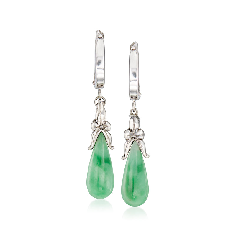 Vintage jade drop earrings in 14kt white gold, green teardrop dangles