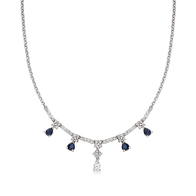 14kt white gold bib necklace with blue sapphire drops and diamond accents
