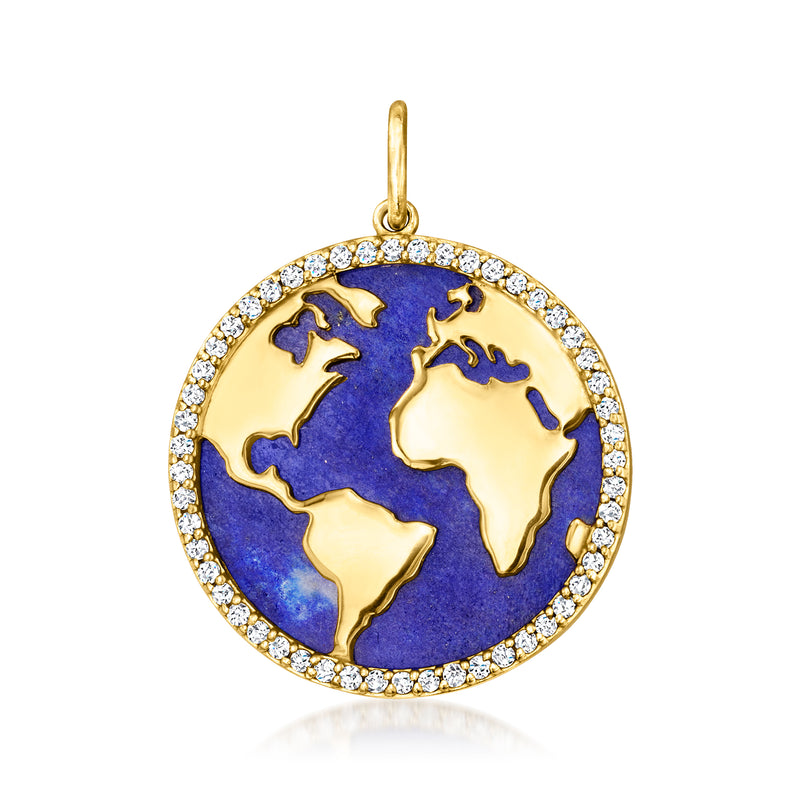 14kt yellow gold world map pendant with blue lapis globe and diamond bezel