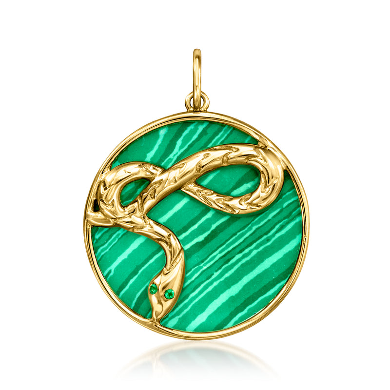 14kt yellow gold reversible snake pendant with green malachite center cabochon