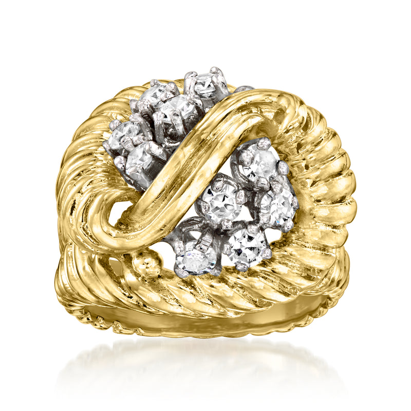 Vintage yellow gold diamond cluster ring with twisted ribbon band and heart-like design