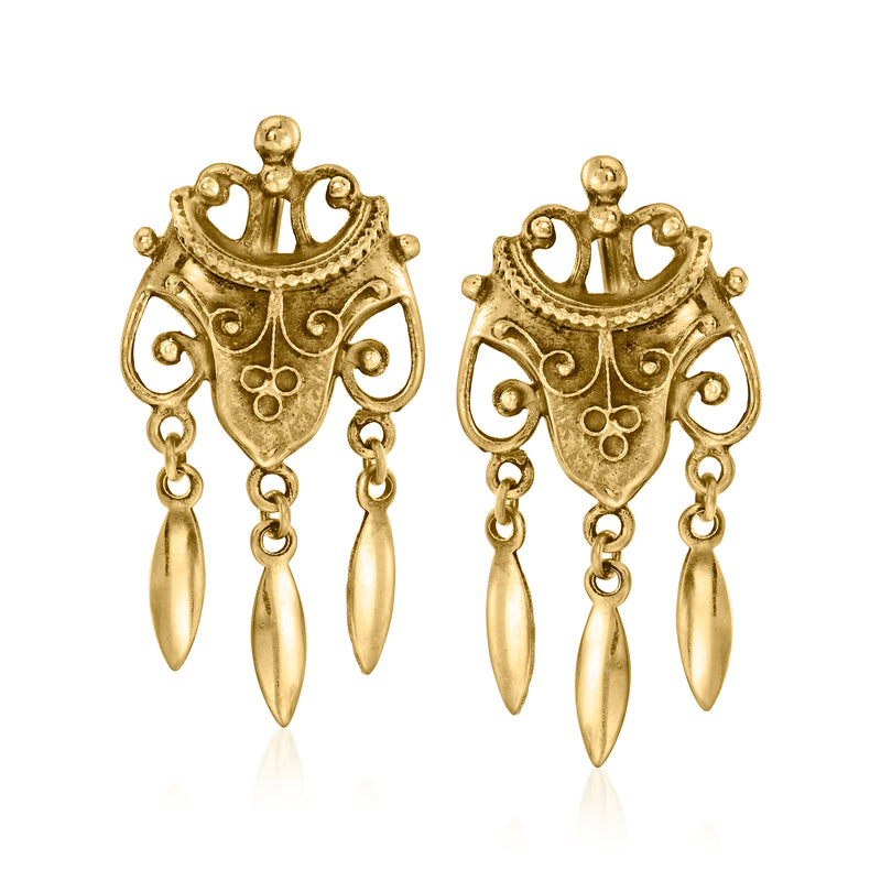 Vintage 14kt yellow gold filigree crown chandelier clip earrings with dangling drops