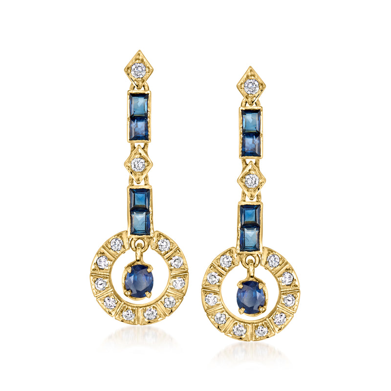 14kt yellow gold sapphire and diamond drop earrings with round sapphire centers