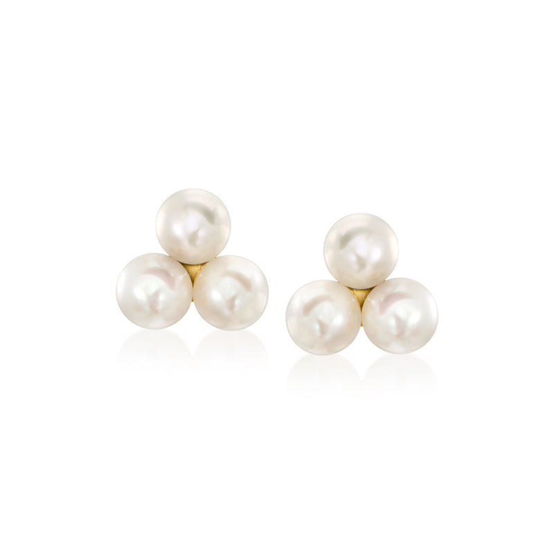 Cultured pearl trio stud earrings, 14kt yellow gold posts, three white pearls