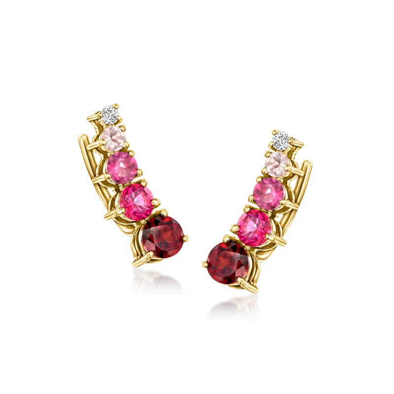 14kt yellow gold ear climber earrings with pink and dark red gemstones, line setting