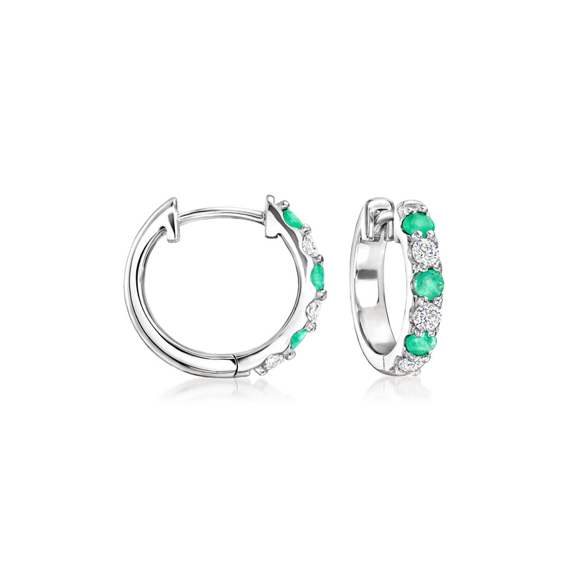 Sterling silver hoop earrings with emerald-green stones and clear diamond accents