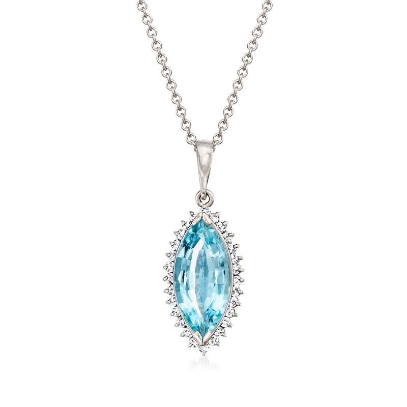 Platinum pendant necklace with oval aquamarine gemstone and diamond halo, on silver chain