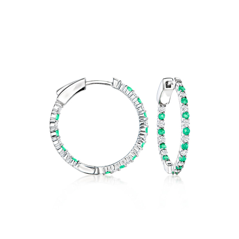 Sterling silver hoop earrings with green and clear gemstones, hinged close, prong set