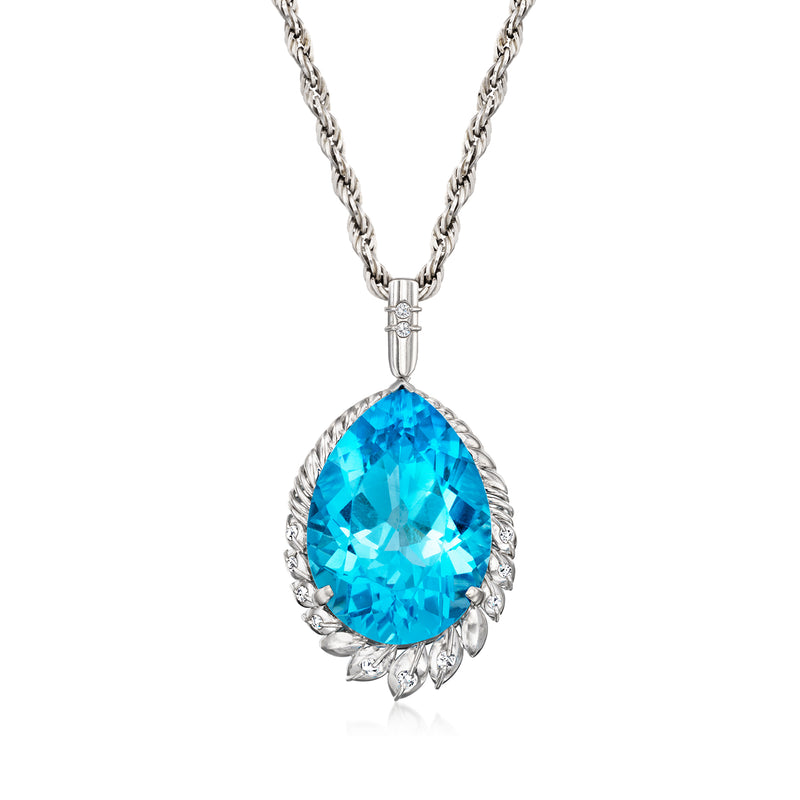 Platinum pendant necklace with large Swiss blue teardrop topaz and diamond halo