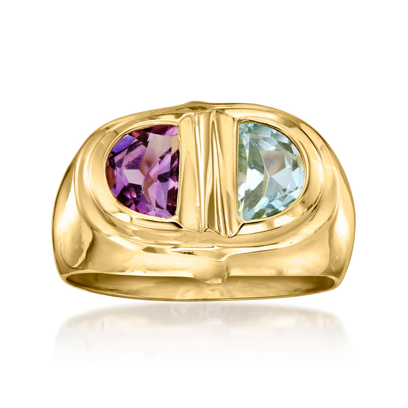 14kt yellow gold ring with oval amethyst and aquamarine gemstones in bezel settings