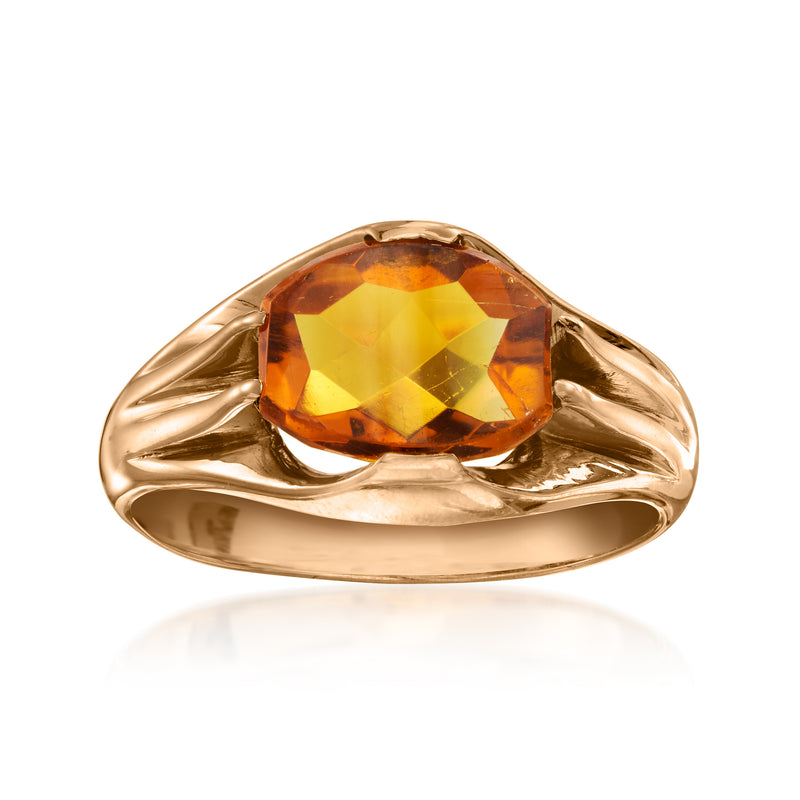 Vintage 14kt rose gold citrine ring with oval yellow gemstone, split shoulders