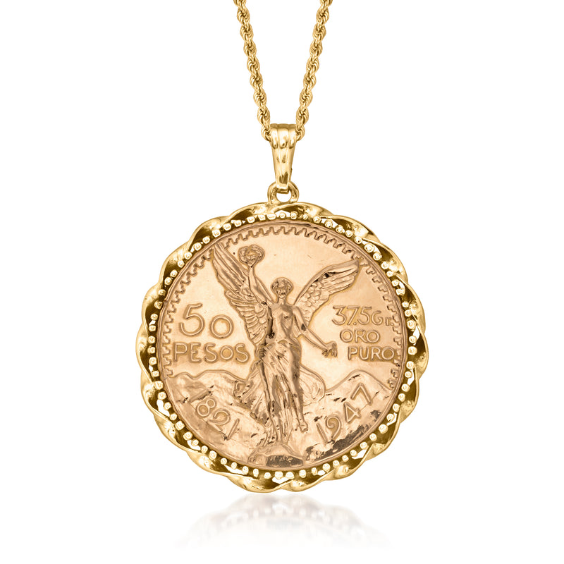 Round gold coin pendant necklace with beaded border, coin features 50 pesos and winged figure.