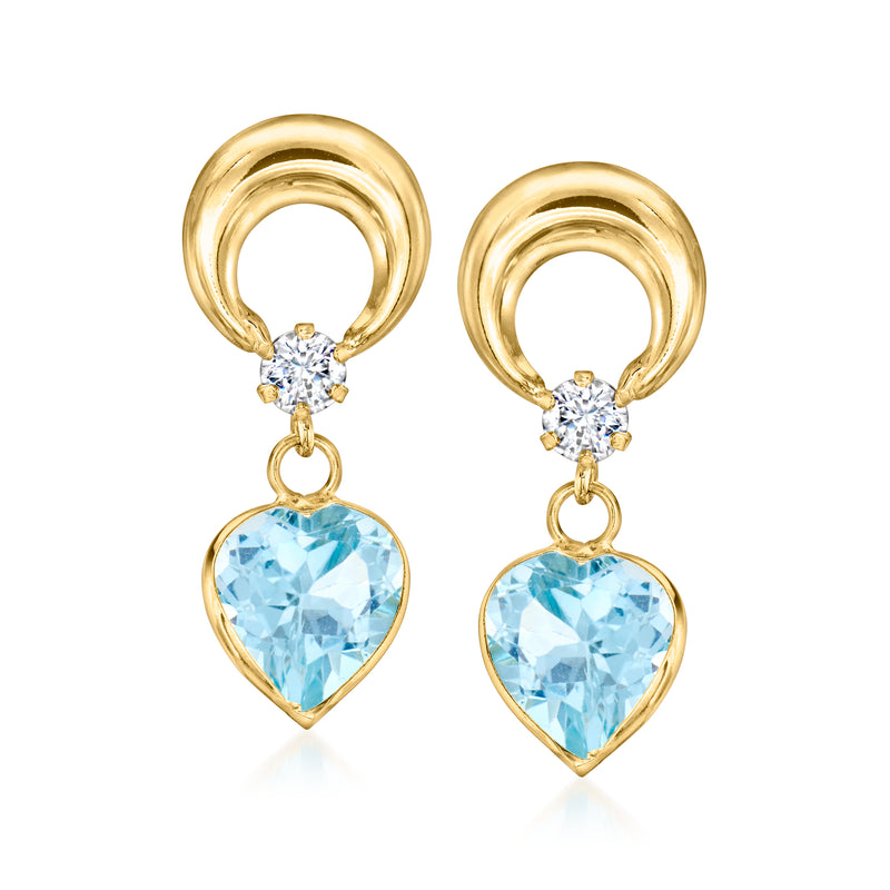 Yellow gold heart drop earrings with sky blue gemstone and CZ accents