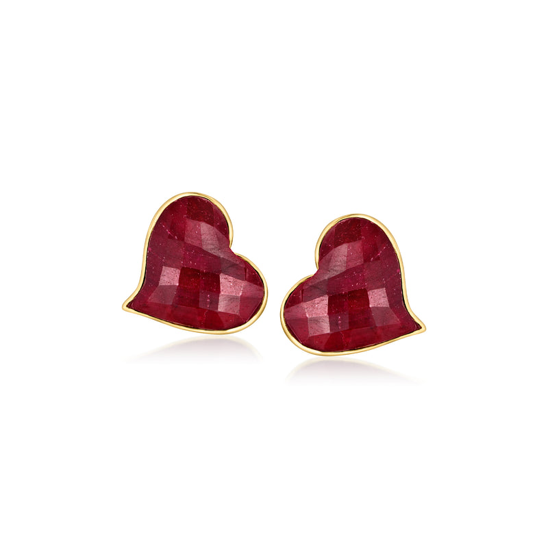 Ruby red heart earrings with gold border, post backs
