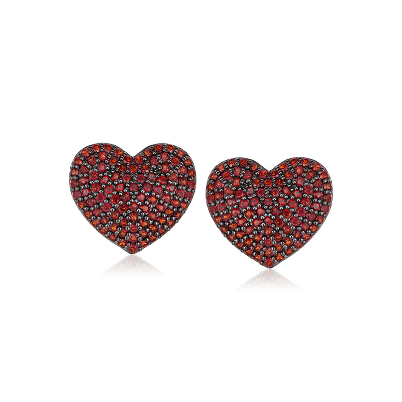 Garnet heart stud earrings in sterling silver, pair