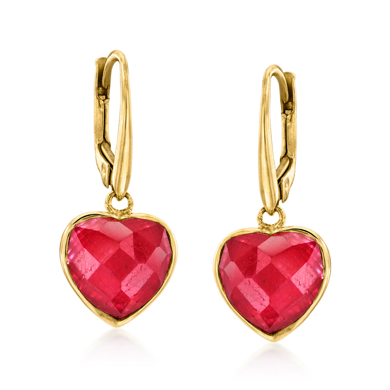 Ruby heart drop earrings in 18kt gold over sterling with leverback clasps