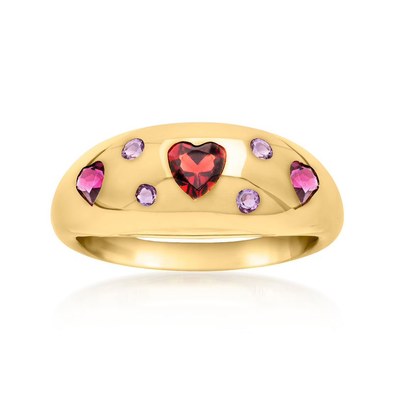 Heart cluster ring in gold with red and purple gemstones, bezel-set