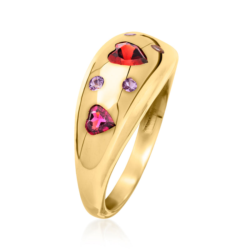 Gold heart cluster ring with red and purple gemstones, slim band profile