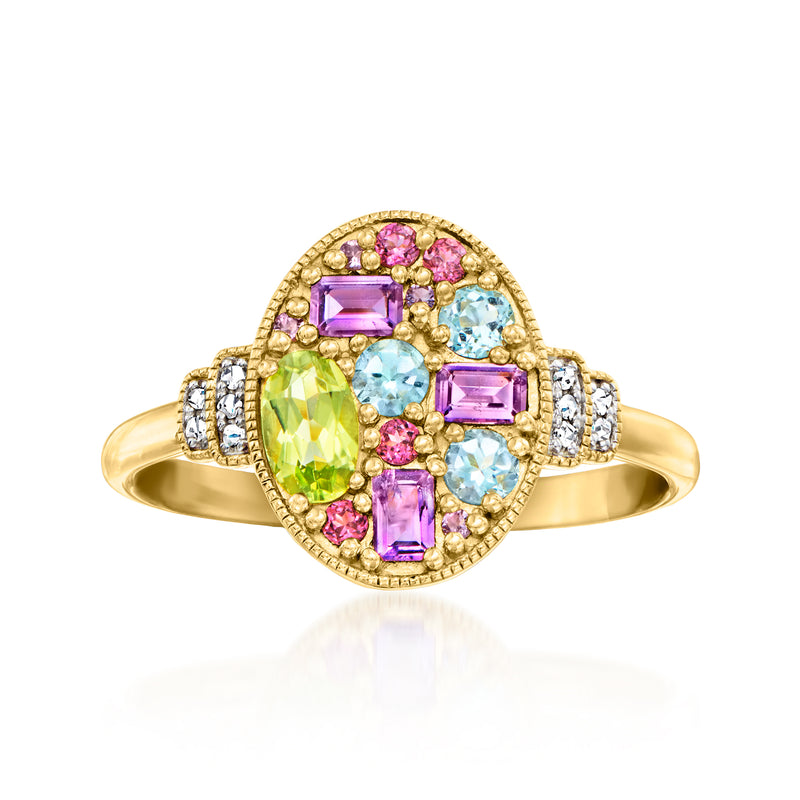 Gold oval multi-gemstone ring with pink, purple, blue, green stones and diamond halo