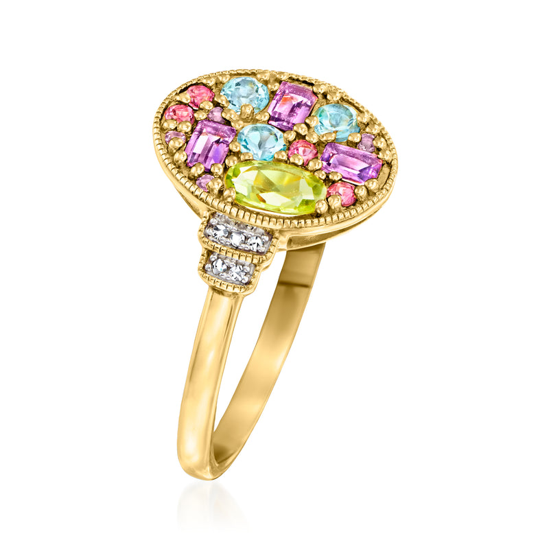 Gold oval multi-gemstone ring on side, prong-set pink and blue stones with diamond band