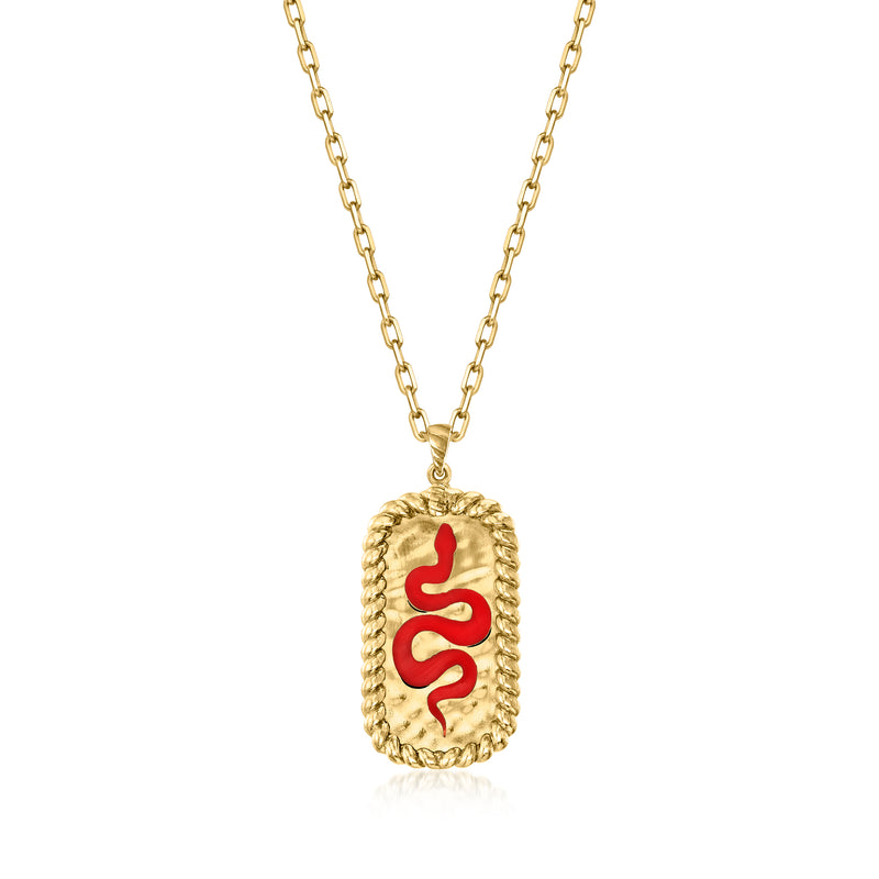 Gold snake pendant necklace with red enamel oval medallion and textured gold setting