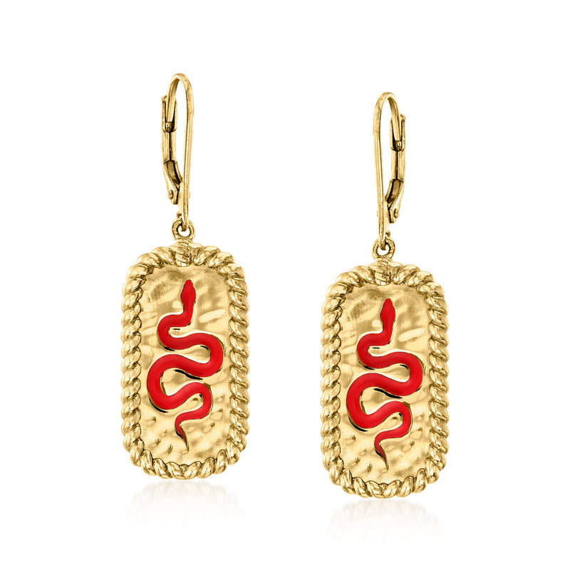 Gold oval enamel snake drop earrings with leverback, red enamel detail
