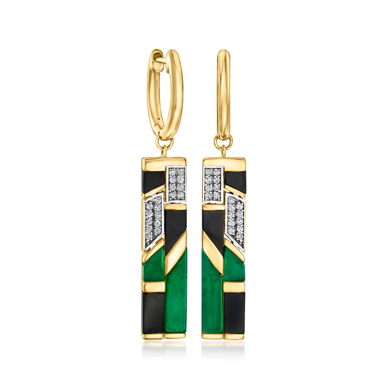 Gold drop earrings with green chalcedony, black onyx, and white stones