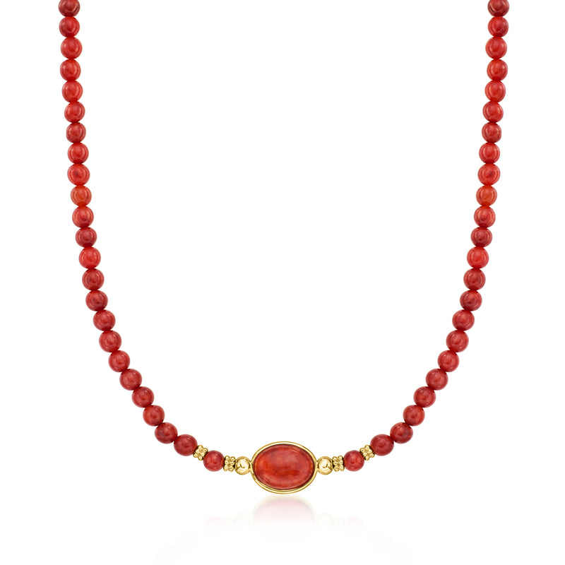 Red jade bead necklace with 18kt gold over sterling oval centerpiece and clasp.