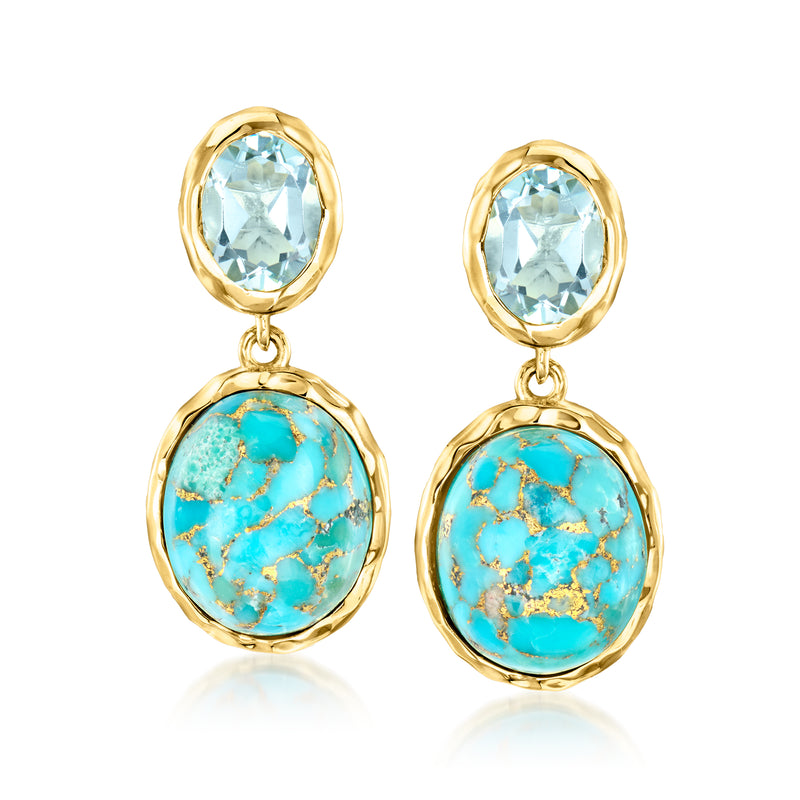 Gold drop earrings with oval sky-blue top stone and turquoise oval cabochon