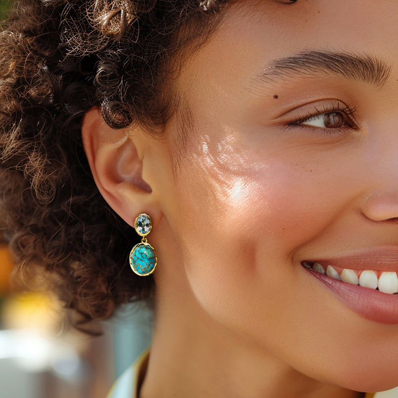 Turquoise and sky-blue drop earrings on model, gold oval top and bezel-set stones
