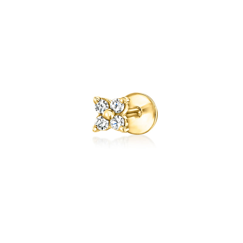 Yellow gold flat-back clover diamond stud earring with round clear stones