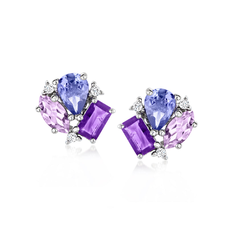 Sterling silver post earrings with blue pear and purple marquise gemstones, clear accents
