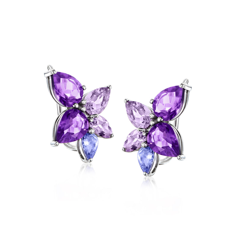 Sterling silver ear climber earrings with purple amethyst and tanzanite cluster, 5 stones