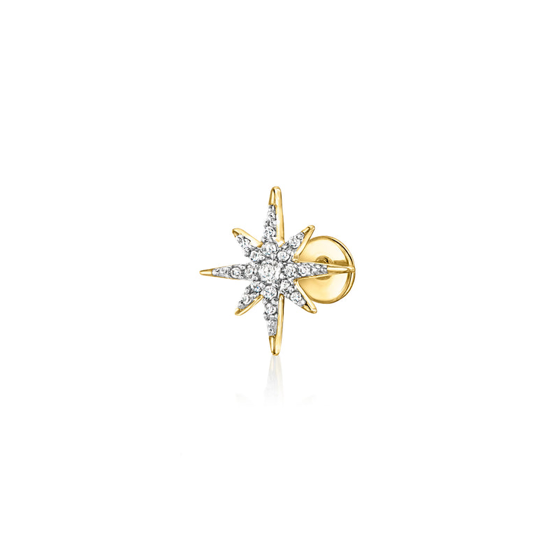 10kt yellow gold starburst diamond stud earring with post and flat back
