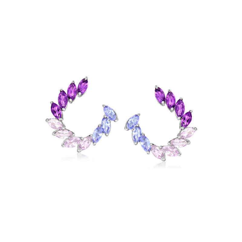 Curved sterling silver hoop earrings with purple and light blue gemstones, post backs